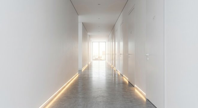Modern minimalist hallway with long corridor and identical white walls and gray floor with led lighting