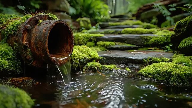 A serene and moody scene of water flowing from an old iron pipe into a lush green forest pond, ideal for environmental storytelling.