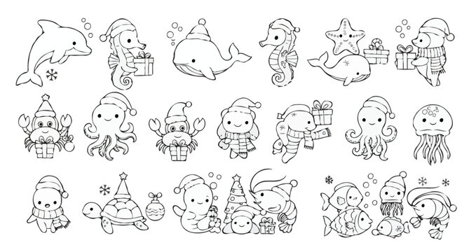 cute sea creatures celebrating christmas with gifts and holiday cheer vector illustrationArt & Illustration