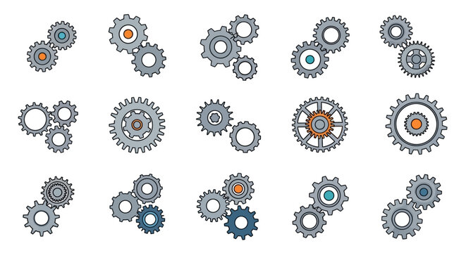 Set of diverse mechanical gears and cogs, teamwork concept, industrial design elements