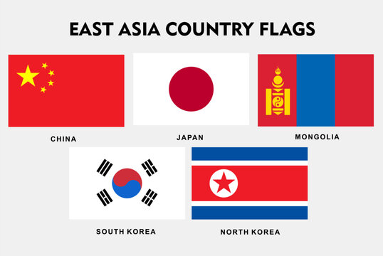 East Asia Country Flags Collection Vector Set Isolated on white Background, Official National Symbols of East Asia Nations,