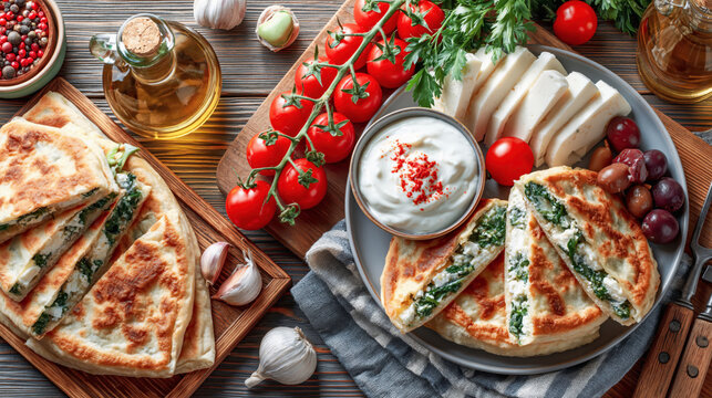 Turkish G&ouml;zleme on a table served with tomatoes, and feta. Crispy, golden flatbreads stuffed with Spinach and Feta. Concept of traditional Turkish meals. 