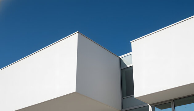 Striking minimalist modern architecture with sharp white geometric forms, creating a captivating visual against the vibrant clarity of a deep blue sky under bright daylight