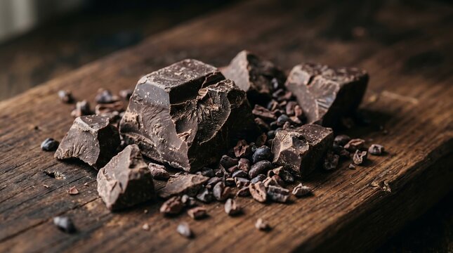 Broken chunks of dark chocolate and cacao nibs on wooden board