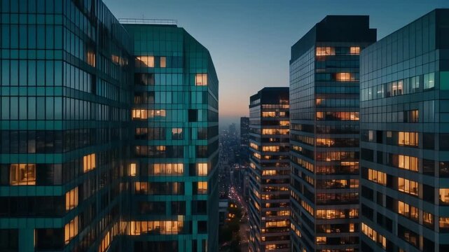 Modern Skyscrapers with Illuminated Windows at Dusk, Cinematic Aerial View of Urban Corporate Buildings in Business District, Motion Background