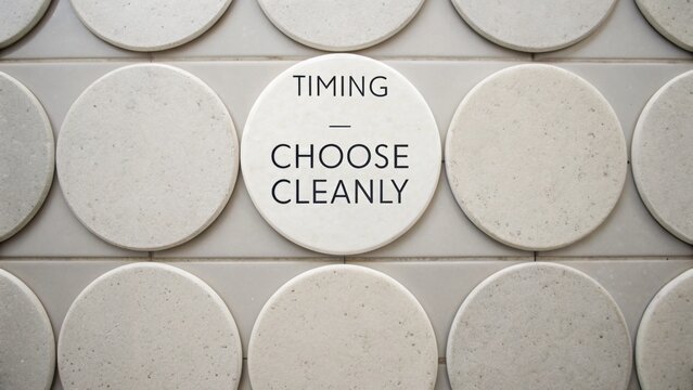 Circular tiles with text TIMING CHOOSE CLEANLY arranged on a grid