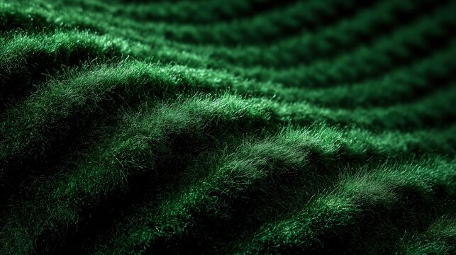 Cinematic macro of emerald green chenille fabric with a tufted pattern and dramatic raking light creating deep shadows and vibrant highlights.