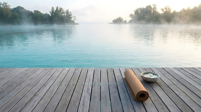 Serene lake dock with yoga mat and flowers, perfect for relaxation and wellness retreat