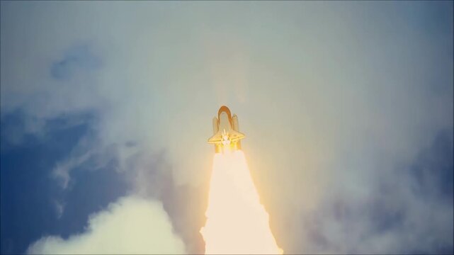 Powerful Space Shuttle Rocket Launch into Space from Launch Pad, with Intense Flame and Smoke Trail