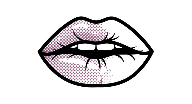 Pop Art Lips Biting Lower Lip, Comic Style, Isolated on White