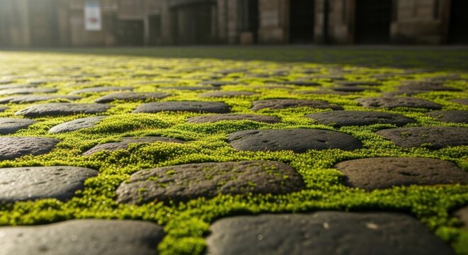 Vibrant green moss spreading across ancient cobblestone path with soft morning light