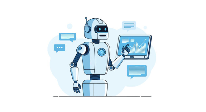 Robot with tablet showing analytics, AI chatbot concept