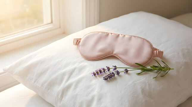 Soft pink silk sleep mask paired with fresh lavender on a crisp white pillow, bathed in gentle morning sunlight, symbolizing peaceful rest and tranquil awakening
