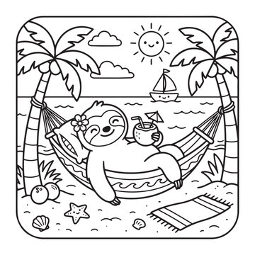Cute sloth at beach relaxing coloring page for kids easy fun bold outline simple cartoon art