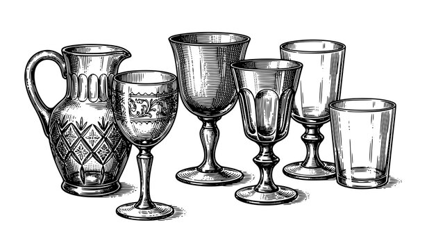 Ornate Vintage Glassware Collection Featuring Decorative Engraved Goblets Decanters Pitchers and Elegant Drinking Cups for Classical Tableware and Luxury Interior Graphic Design