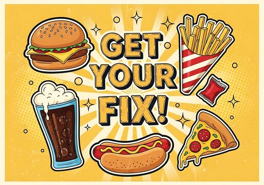 Fast food burger fries pizza hot dog and soda drink illustration with text get your fix