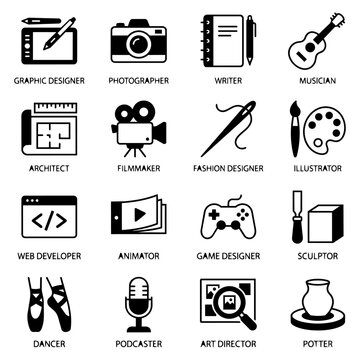 Creative Professions Icons: Graphic Designer, Photographer, Musician, Writer, Artist
