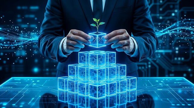 Businessman builds digital pyramid with glowing circuit blocks and a sprouting plant symbolizing growth and innovation in technology and business.