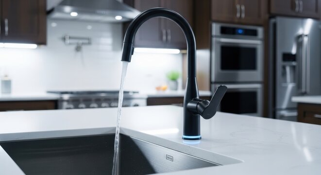 Sleek black smart kitchen faucet with touchless activation dispenses water into a modern stainless steel sink