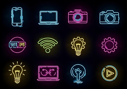 Set of glowing neon technology and business icons on a dark black background