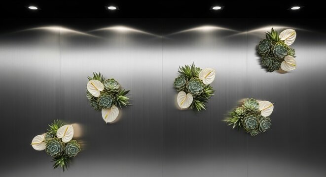 Sleek Brushed Metal Wall Featuring Contemporary Floral Arrangements and Modern Lighting