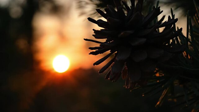 A close-up of a pine cone silhouetted against a sunset.