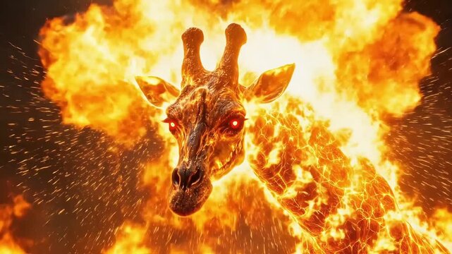 A giraffe engulfed in bright, intense flames, with glowing red eyes.
