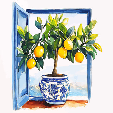 Mediterranean Lemon Tree in Blue and White Chinoiserie Pot with Open Window View Watercolor Clipart Vector