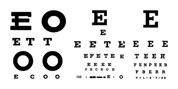 Eye exam chart set with solid black icon on white background featuring ophthalmology, eye chart, medical icon with vector design and monochrome