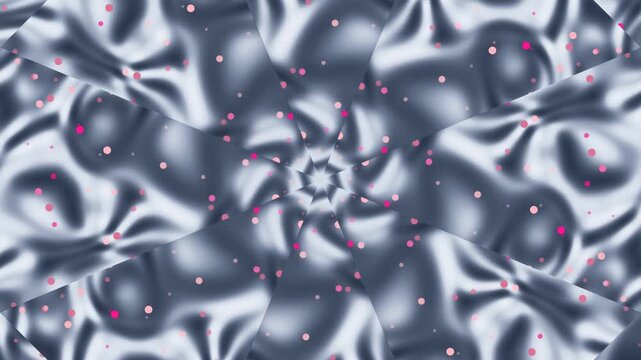 Abstract art piece with swirling silver shapes and pink dots.