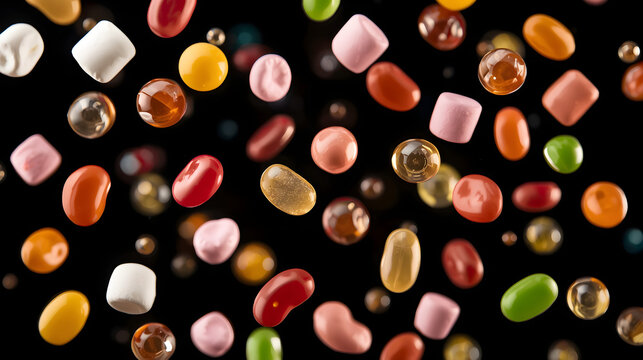 A vibrant scene showcasing an assortment of colorful candies and gummies&mdash;including marshmallows, jelly beans, and gumdrops&mdash;floating against a black background.