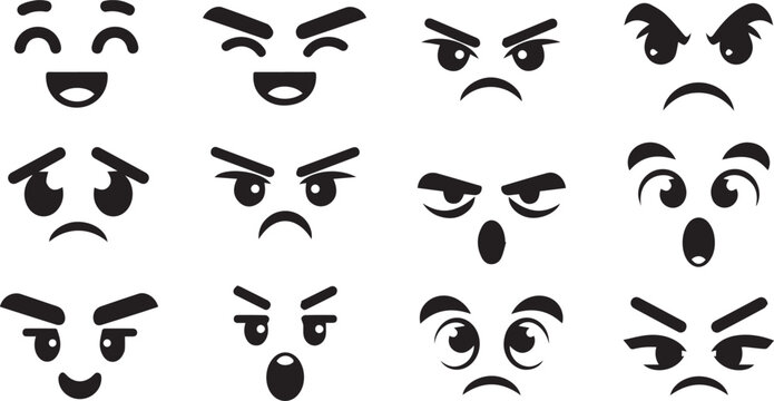 Cartoon Facial Expressions Vector Silhouette Icon Set