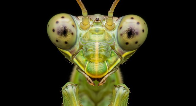 Extreme Close-up of a Green Praying Mantis Head and Eyes Against a Black Background