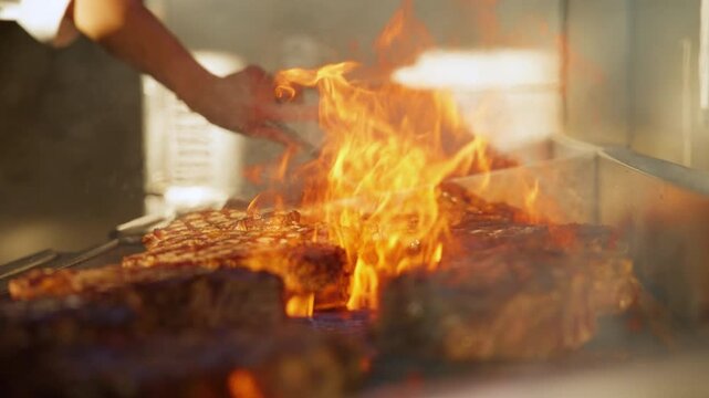 Juicy marinated steaks sizzle on a commercial grill as dramatic orange flames leap high above meat, while a chef uses long tongs to carefully flip and tend to the cuts in a smoky restaurant kitchen.