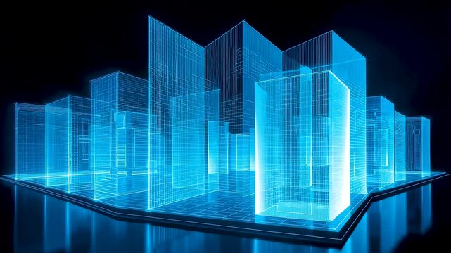 Translucent Blue Glowing Rectangular Buildings Digital City Model Reflective Surface Dark Background Composition