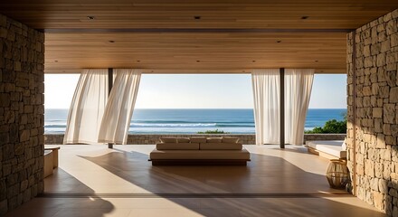 Fototapeta premium The luxury apartment interior features an empty room with glass architecture and a modern table and chair set facing a stunning sea view from the balcony