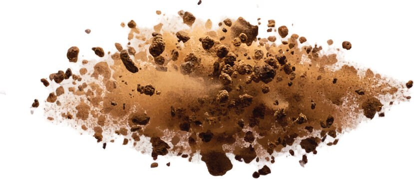 Explosion of dirt and debris with brown dust clouds white background explosion cloud dust burst sand blast particle scatter soil debris