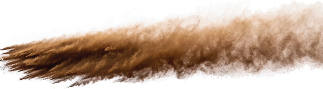 Brown dust cloud spreading horizontally isolated on white background with particle cloud dirt spread sand drift smoke stream abstract motion