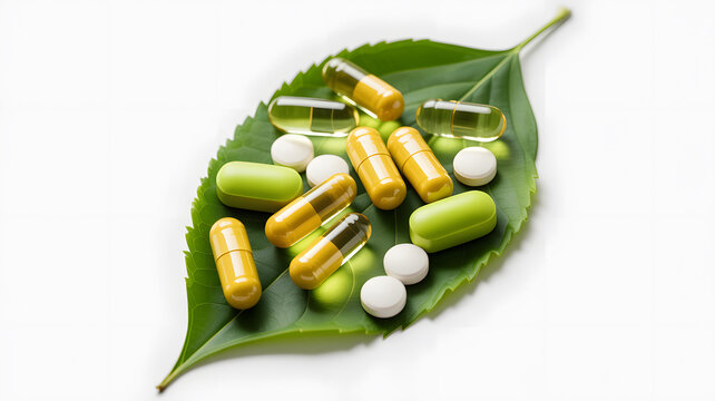 A collection of colorful pills and capsules on a green leaf against a white background