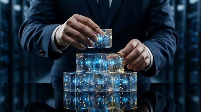 Businessman's hands carefully stacking glowing translucent cubes with circuit board patterns and digital connections in a modern data center environment.