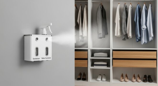 Automatic Wall-Mounted Deodorizing Spray and Fabric Freshener Dispensing Freshness into a Modern Closet Space