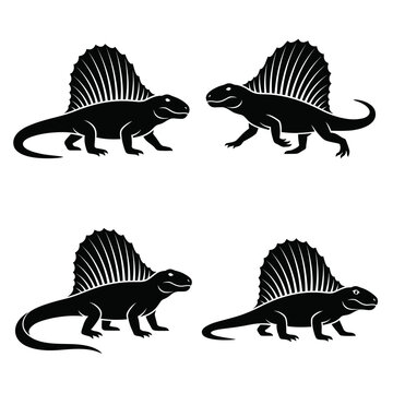 Black and white vector silhouette set of Dimetrodon.