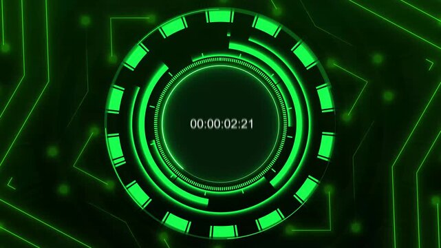Timer interface animation with green digits. Timer interface digital clock display. Timer interface technology graphic on black.