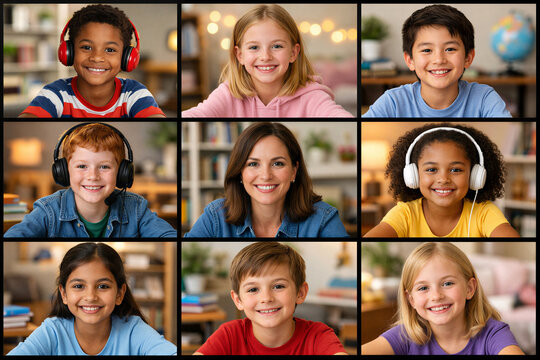 Diverse group of smiling children and an adult in a video conference grid for online learning