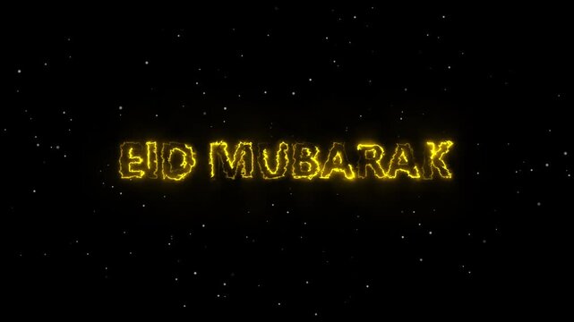 Eid mubarak text animation with sparkles. Eid mubarak islamic holiday greeting. Eid mubarak glowing word on black background.