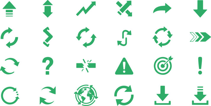 Green icons set including arrows, question mark, alert, exclamation, earth.