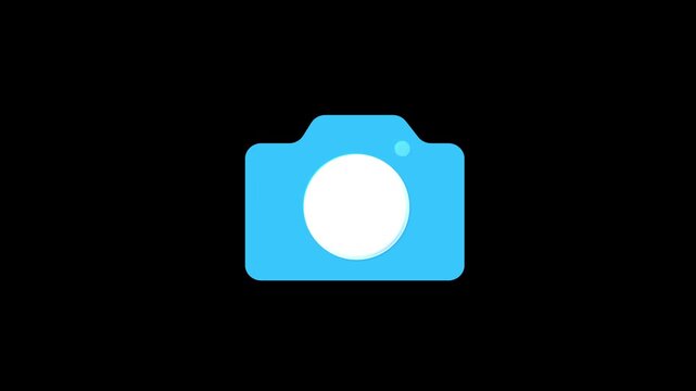 Camera icon animation on black background. Blue camera icon photography symbol. Camera icon digital media graphic.