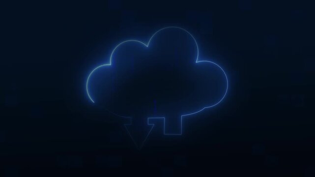 Cloud icon animation with binary download. Neon cloud icon data storage. Cloud icon technology graphic on black.
