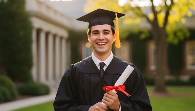Happy young adult graduate celebrating academic achievement at a graduation ceremony on university campus for education success concept with cinematic outdoor lighting