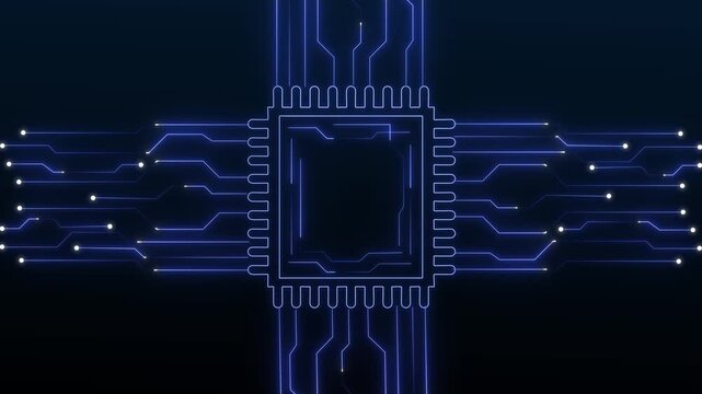 Cpu animation with blue circuitry. Central processing unit technology. Cpu digital microchip graphic on black.